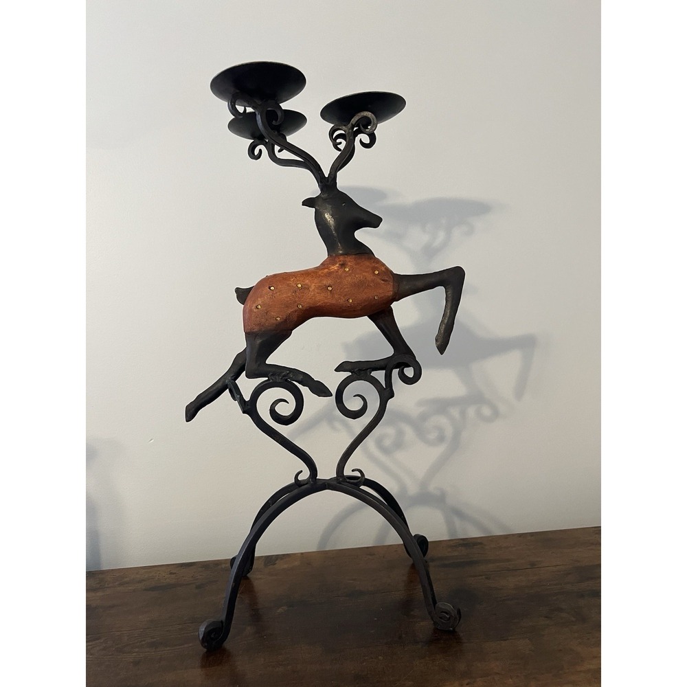 Pier 1 Wrought Iron & Carved Wood Deer Candleholder Stag Sculpture Decor